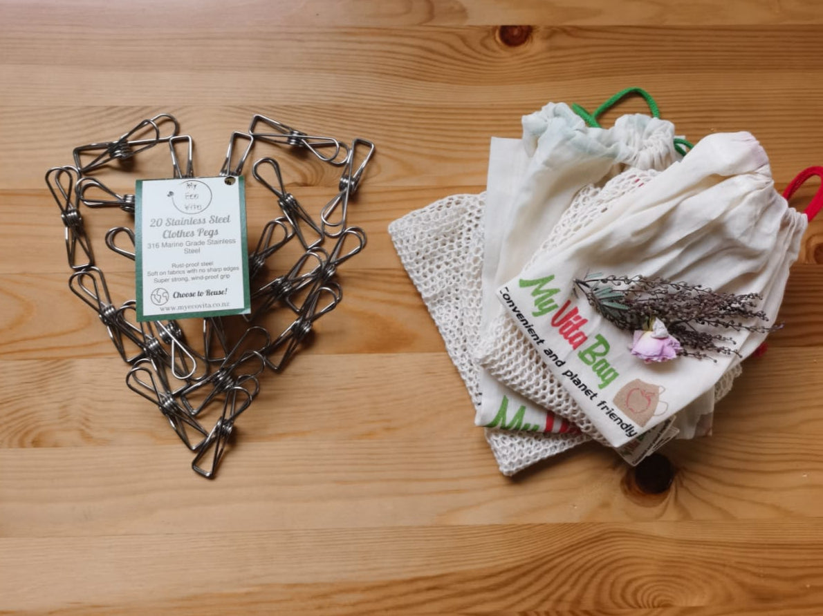 Sale: Stainless Steel Clothes Pegs +Set of Organic Produce Bags