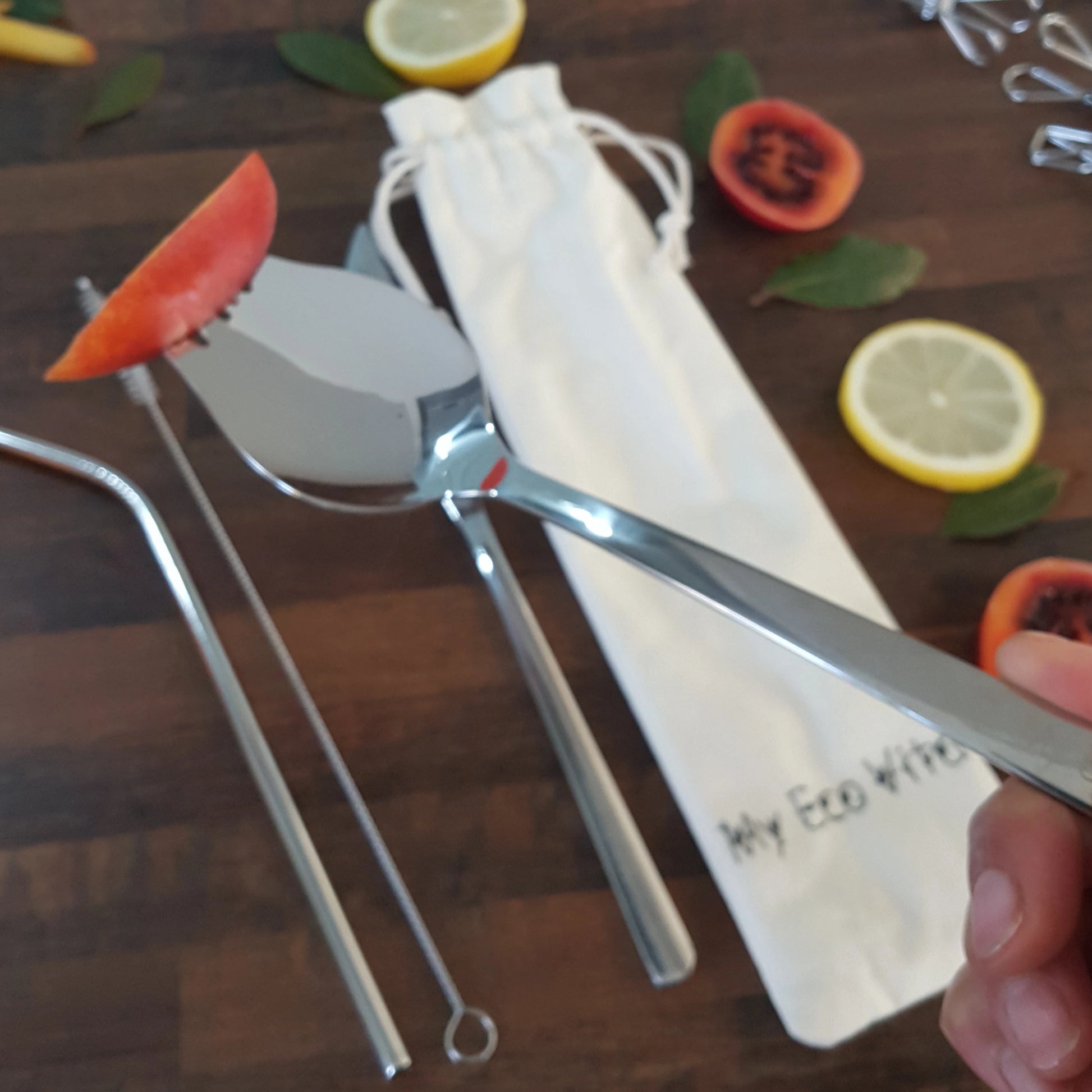 Reusable cutlery set from My Eco Vita. Includes a stainless steel spork, knife and a straw that comes with a cleaning brush.