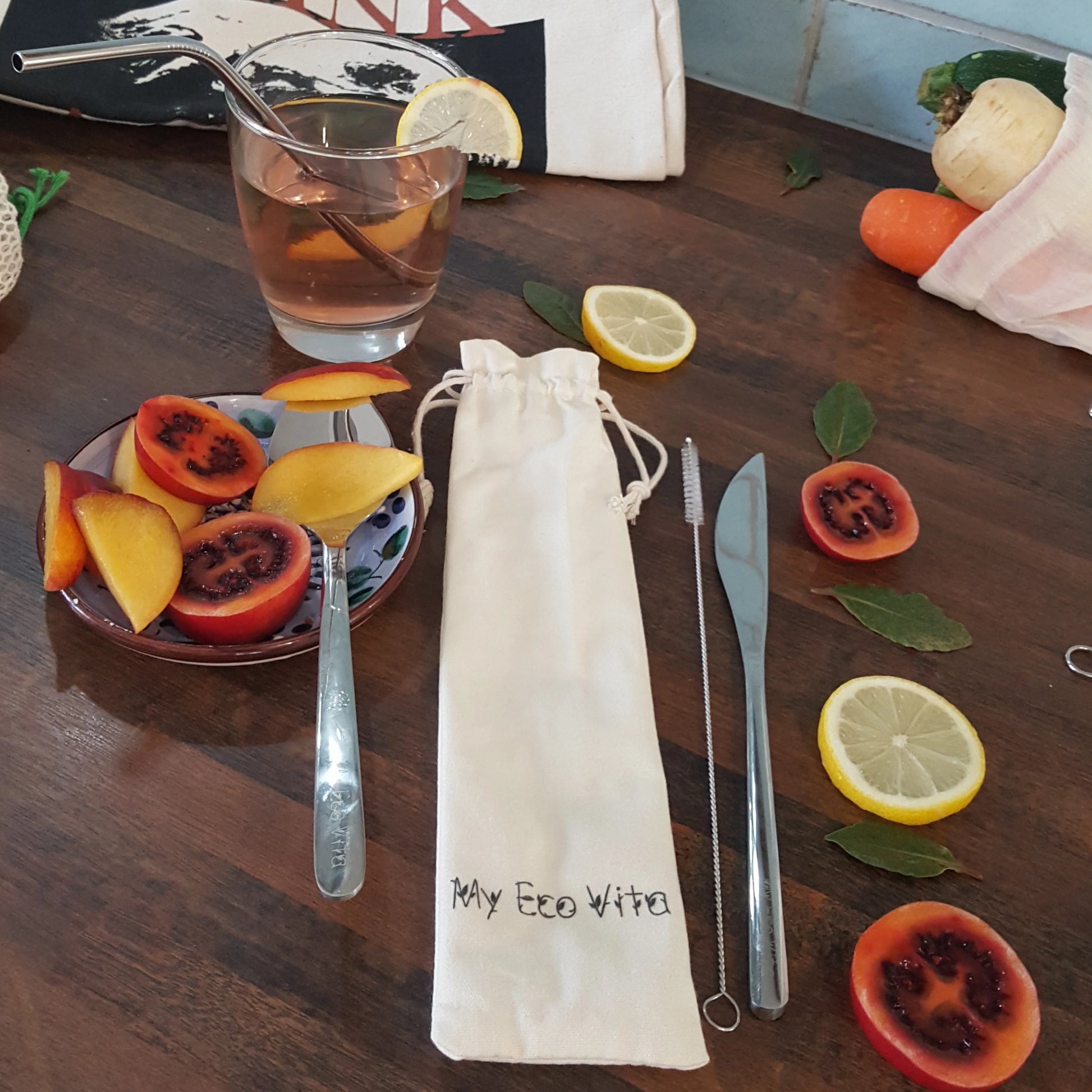 Reusable cutlery set from My Eco Vita. Includes a stainless steel spork, knife and a straw that comes with a cleaning brush.