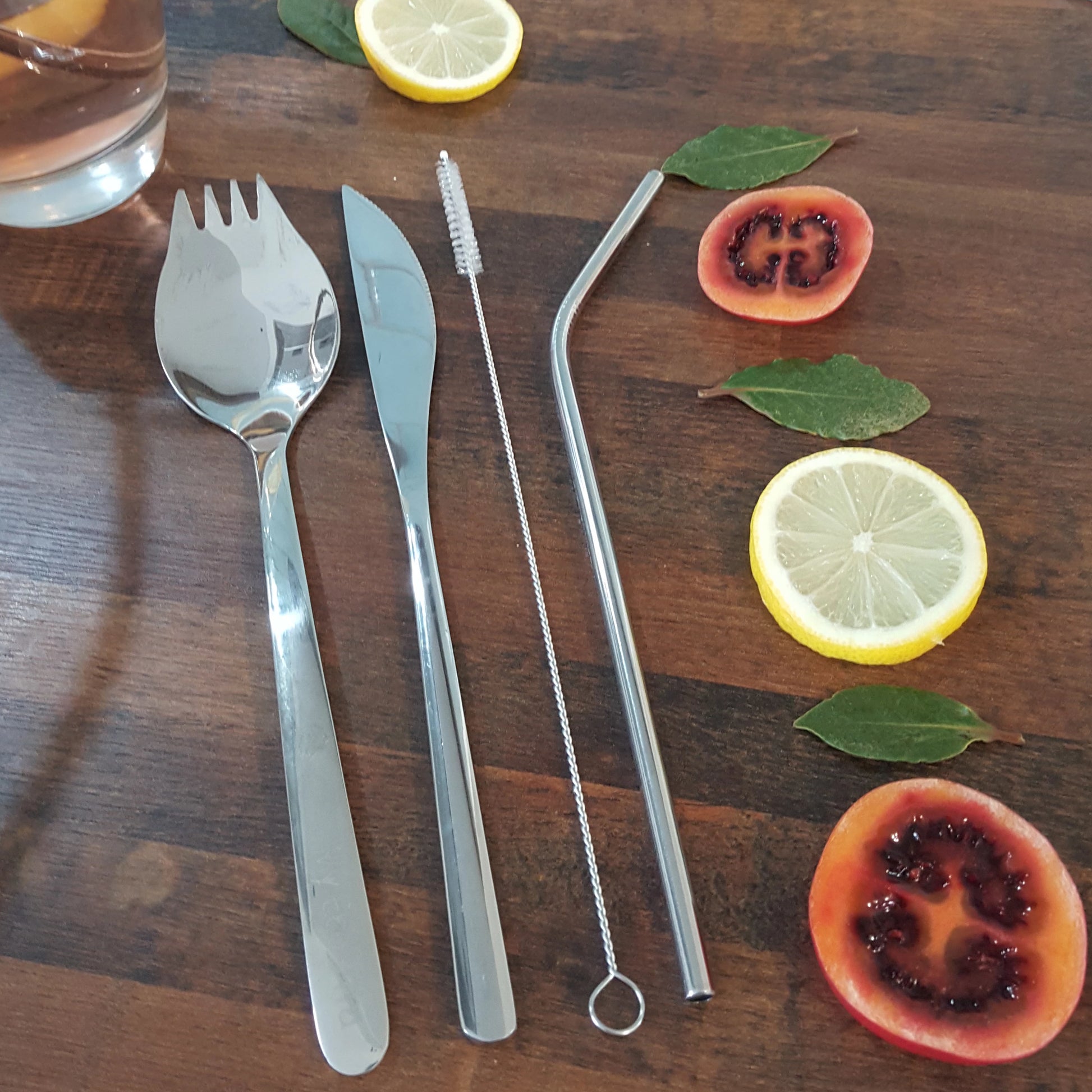 Reusable cutlery set from My Eco Vita. Includes a stainless steel spork, knife and a straw that comes with a cleaning brush.