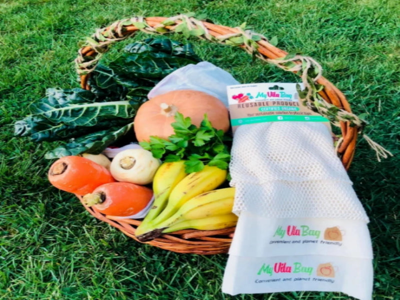Reusable produce bags by My Eco Vita. They come in a pack of 4 with 2 options of large and small bags. These produce bags are organic, compostable and the best eco friendly option to avoid single use plastic bags
